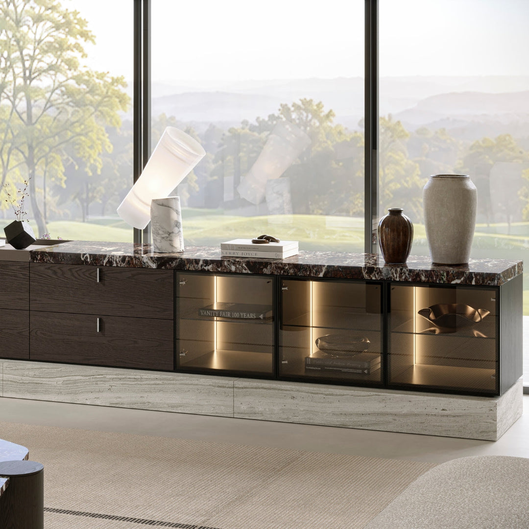 Evanyrouse Blanc Glas 280 cm TV-Möbel schmaler Sockel mit Beleuchtung – Lifestyleansicht 4